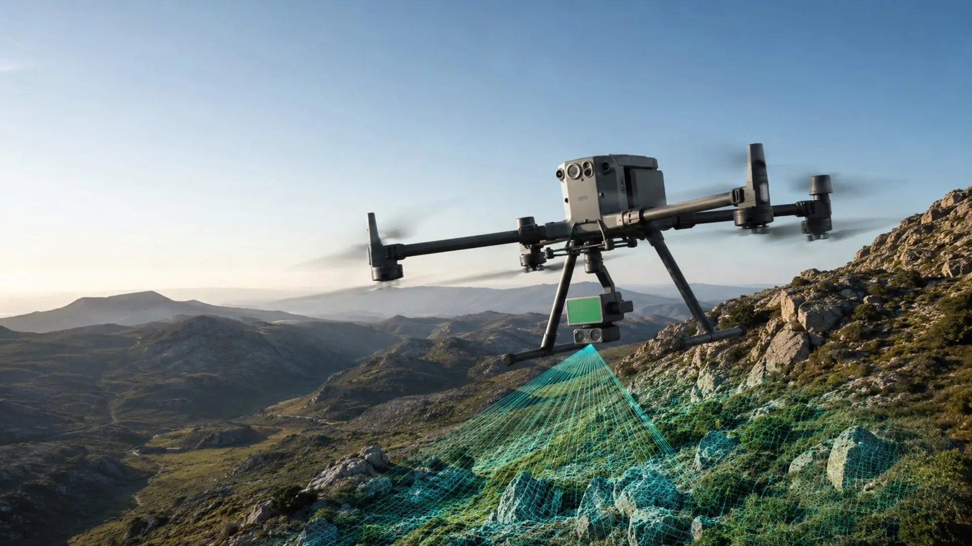 Levantamento com drone numa mina a céu aberto, técnico com controlo remoto sobre as bancadas.