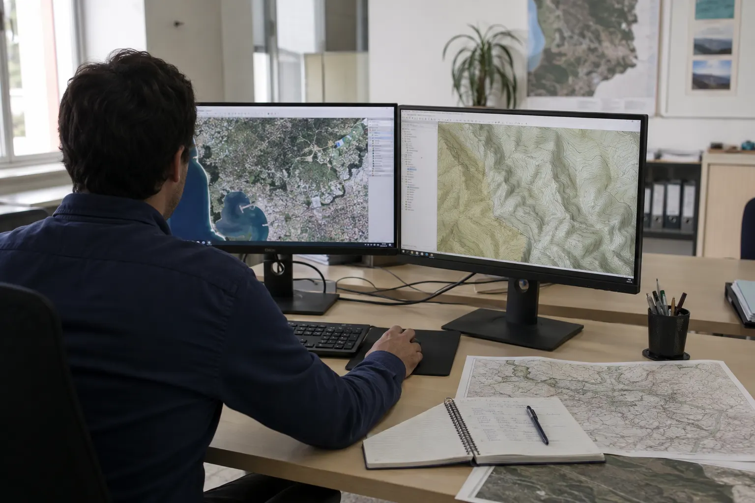 Estação de cartografia: imagens de satélite processadas em cartografia temática e curvas de nível.