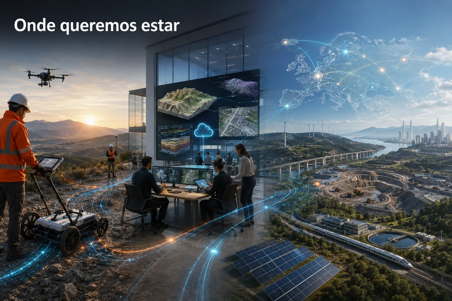 Composição da atividade do grupo: levantamento com georradar no terreno ao amanhecer, equipa a analisar dados em escritório e, à direita, infraestruturas ligadas por uma rede sobre um mapa da Europa.