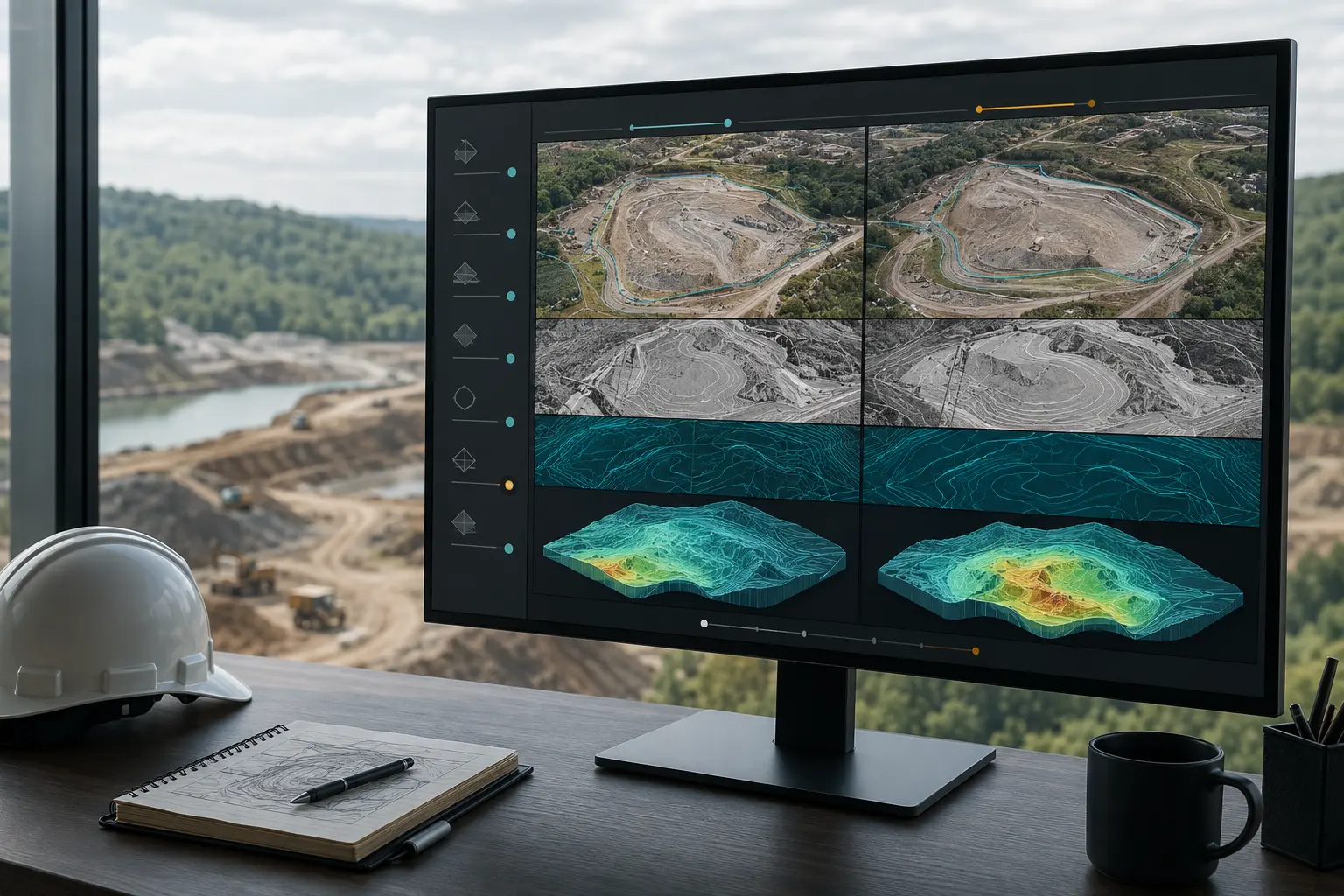 Monitor de secretária com quatro vistas da mesma pedreira lado a lado (ortofoto, curvas de nível e modelo 3D de elevação) para comparar duas datas.